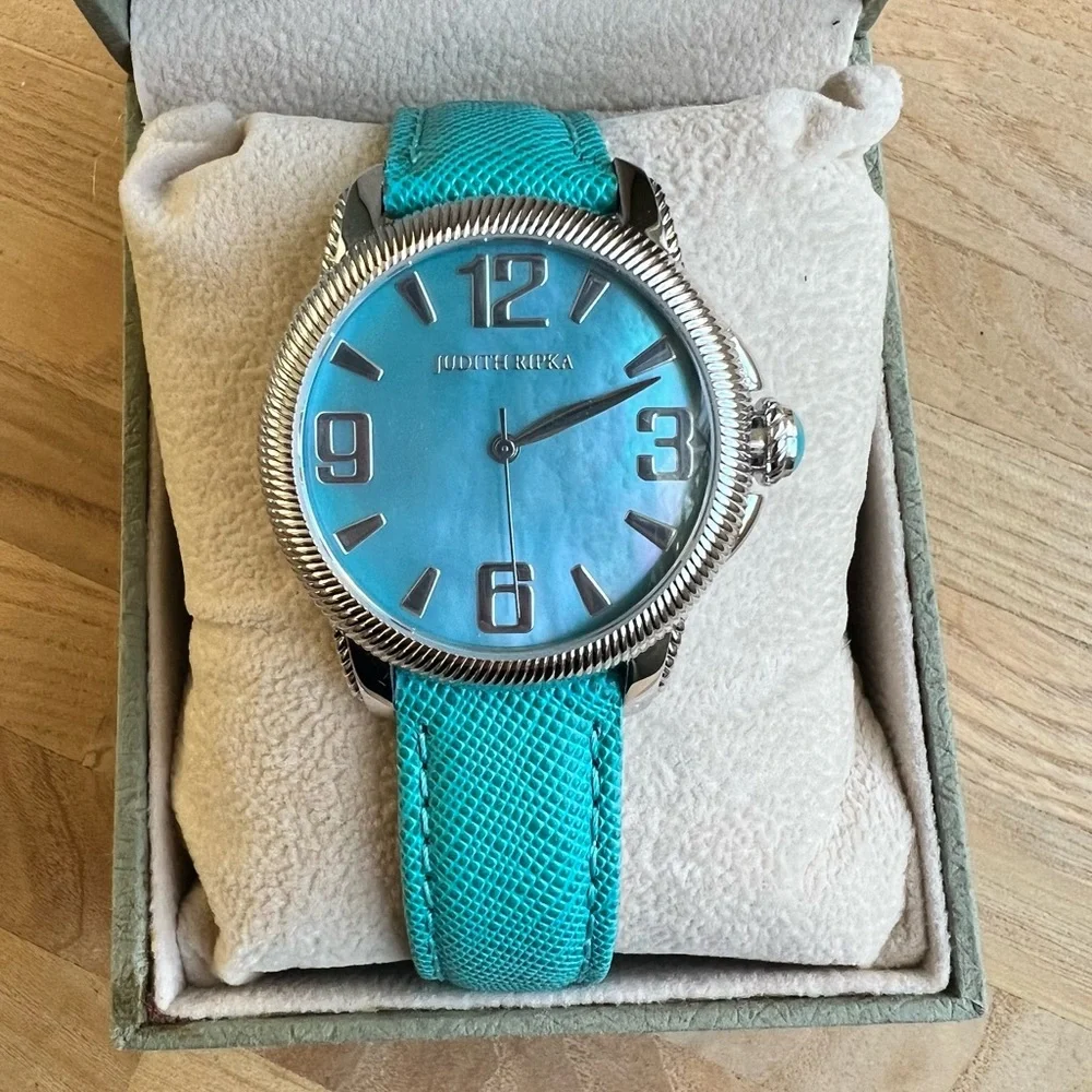 Judith Ripka ladies stainless steel and leather Olympia dress watch NEW BATTERY
